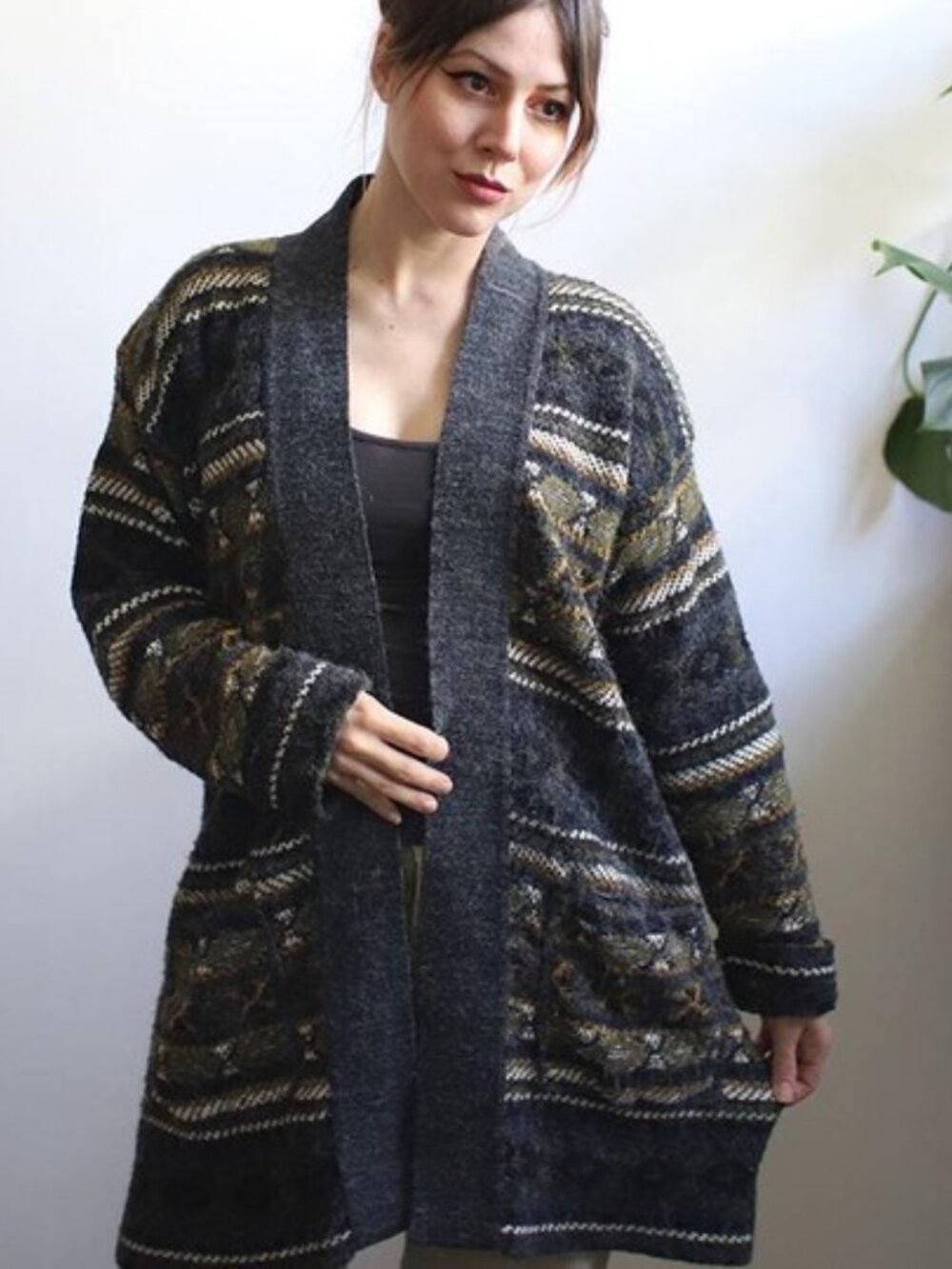 ACCENT AMERICA Vtg. Open-Front Chunky Knit Cardigan Southwestern Grey/Green M/L